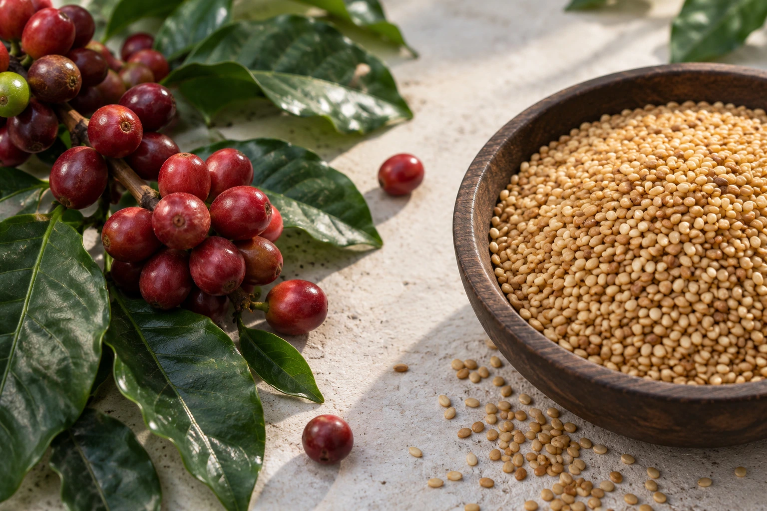 Illustrative ripe coffee cherries and leaves