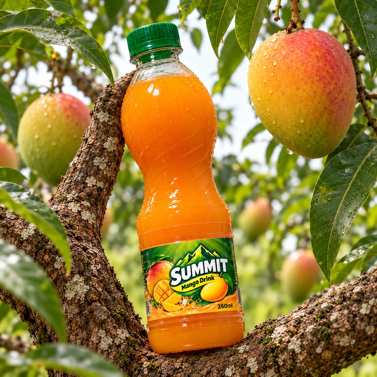 Summit mango drink among mango branches