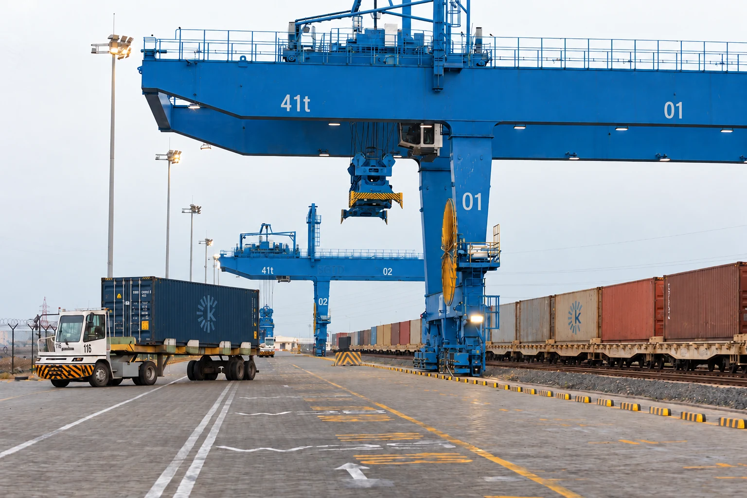 Navy Kunis Bari containers beneath blue port cranes