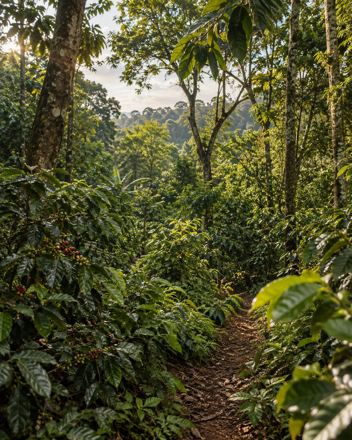 Illustrative lush Ethiopian forest coffee landscape